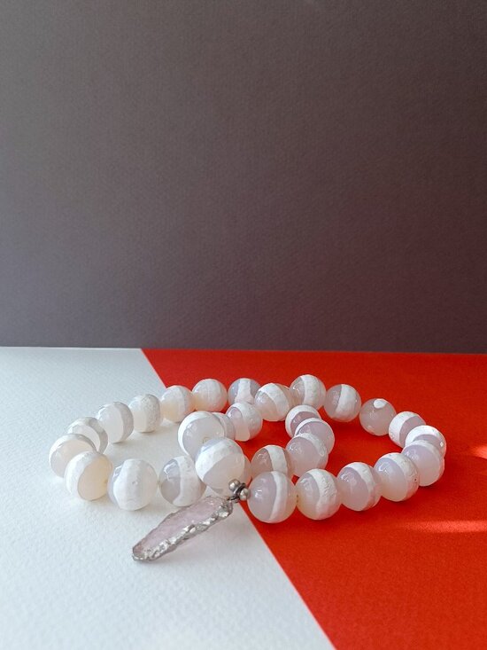 Pink Flower Agate Bracelet for Sale – Contempo Crystals New white fire agate stone with rose quartz pendant bracelet sets for sale